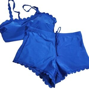NWOT Bikini Set Women 1XL Blue Scallop High Waist Boy Short Two Piece Swimsuit